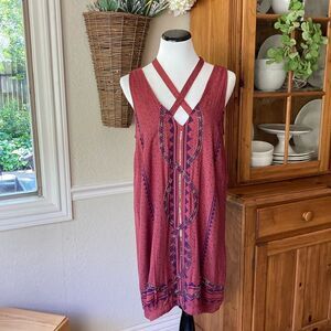 Free People Rust Red Printed Mini Dress with Strappy V-Neck
